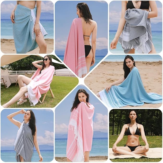 Genovega 6 Packs Oversized Turkish Beach Bath Towel Set Bulk 74"x38" Extra Large Sand Free Quick Dry Swim Camping Pool Clearance Towels Travel Blanket Adult Essentials Green Pink Red Stripe - color: Red Green Pink Stripe
