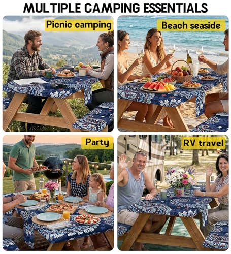 Picnic Table Cover with Bench Covers Tablecloth Table Cloth Camping Gifts for 30th 40th 50th 55th 60th 70th 80th 45th 65th 75th 40 50 55 60 65 70 Year Old Camper RV Owner Camping Lovers Men Women - color: Blue Paisley, size: 96in