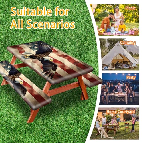 Park Picnic Table Cover with Bench Covers Lightweight Camping Essentials, Oil-Proof Waterproof 3PCS Tablecloth with Elastic, Fitted for Table 6FT Rectangle and Seats, American Flag Eagle (72x30in) - color: American Flag Eagle