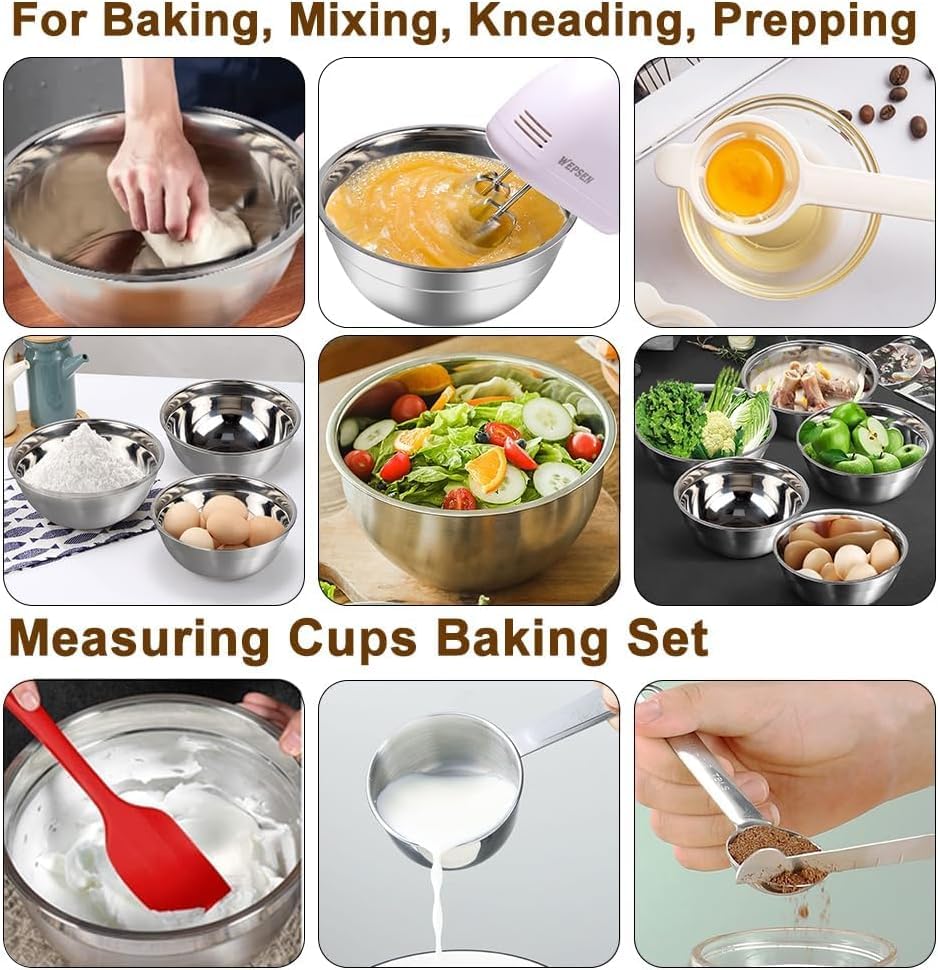 WEPSEN 5-Speed Electric Hand Mixer, 4 Large Mixing Bowls Set, Handheld Mixers with Whisks Beater, Stainless Steel Metal Nesting Bowl Measuring Cups Spoons Kitchen Cake Blender for Baking Supplies - color: Red