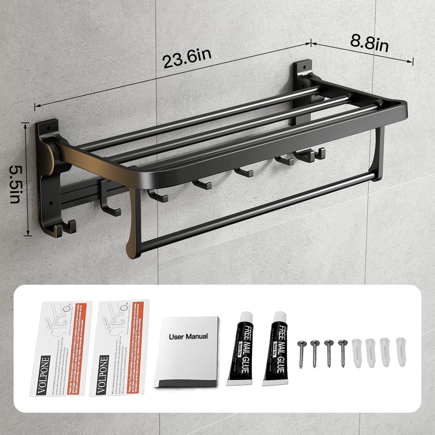 VOLPONE 24 Inch Towel Rack with Towel Bar Holder Foldable Towel Shelf with Movable Hooks Rustproof Towel Storage wall Mount for Bathroom Lavatory Matte Black - color: Matte Black