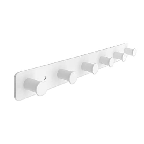 Coat Rack Wall Mounted, White Coat Hooks Adhesive & Screw in, Stainless Steel Door Hooks for Hanging Hat Towels Clothes, Hook Rail with 6 Round Hangers - color: White, size: 6 Hooks