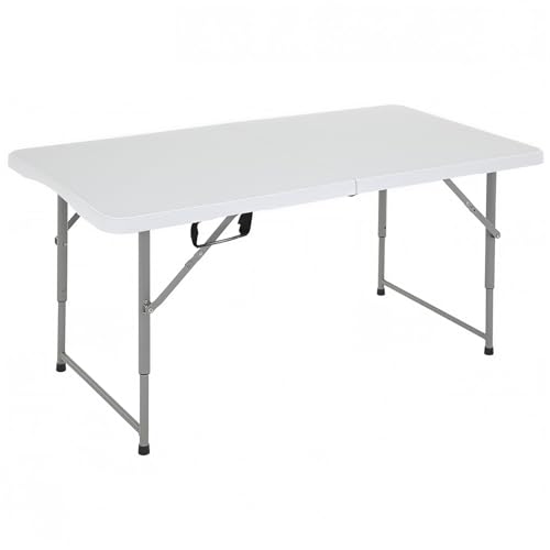 FDW 4FT Folding Table, Portable Fold-in-Half Plastic Picnic Party Table with Carrying Handle (White, 4FT)
