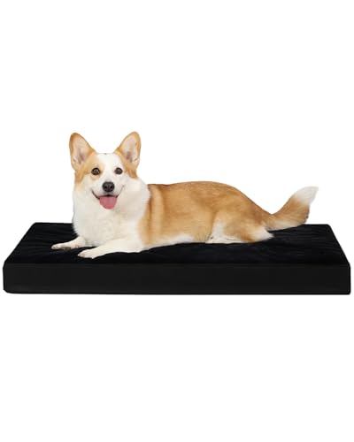 KSIIA Orthopedic Dog Bed Crate Waterproof Pet Mats for Large Dogs Deluxe Plush Washable Pet Bed with Egg Crate Foam & Removable Cover, 35 x 22 Inch, Black - color: Black, size: 35.0"L x 22.0"W x 3.0"Th