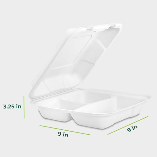 Freshware Clamshell Food Containers with Lids [9x9"] 3-Compartment 200-Pack, Disposable To Go Containers, Biodegradable Sugarcane To Go Boxes - Paper Containers - Microwave & Freezer Safe, Stackable - size: 9 x 9 Inch, 200 Pack