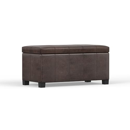 SIMPLIHOME Dover Storage Ottoman Bench - 36 inch Wide Upholstered Vegan Leather Rectangular Lift-Top Ottoman in Distressed Brown, Contemporary Bench for Living Room with Safety Hinges - color: Distressed Brown