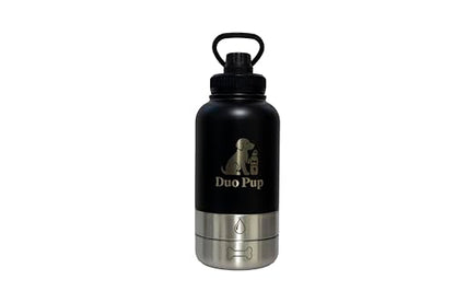 DuoPup 32oz Insulated Stainless Steel Pet Water & Food Bottle – Portable Leak-Resistant Dispenser with Two Detachable Bowls & Carrying Strap – Travel, Hiking & Outdoor Pet Hydration – Black - color: Black