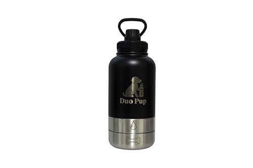 DuoPup 32oz Insulated Stainless Steel Pet Water & Food Bottle – Portable Leak-Resistant Dispenser with Two Detachable Bowls & Carrying Strap – Travel, Hiking & Outdoor Pet Hydration – Black - color: Black