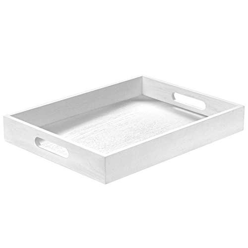 ATZYmolin Wood Serving Tray with Handles, Home Decorative Wooden Rectangle Ottoman Decor Platter Vanity Tray for Breakfast Dinner Drinks Kitchen Dining Living Bathroom Restaurants White - color: White
