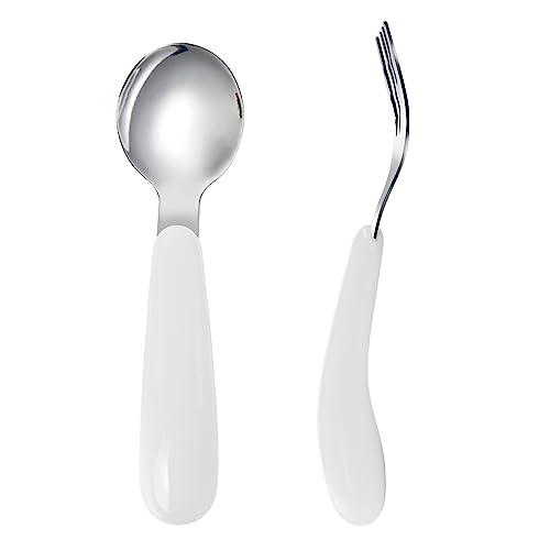 VANRA 2 Pieces Toddler Fork and Spoon Set with Travel Case 18/8 Stainless Steel Toddler Utensils Kids Silverware Children Flatware Child Cutlery Set for School Lunch Box (White) - color: White