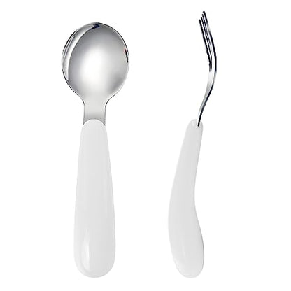 VANRA 2 Pieces Toddler Fork and Spoon Set with Travel Case 18/8 Stainless Steel Toddler Utensils Kids Silverware Children Flatware Child Cutlery Set for School Lunch Box (White) - color: White