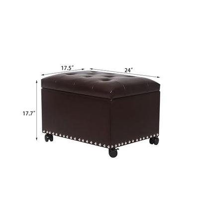 Joveco Leather Storage Ottoman with 360° Caster Wheels 24" Foot Rest Bench Rectangle Ottomans Stool for Living Room Bedroom (Brown, Wheels) - color: Brown With Casters