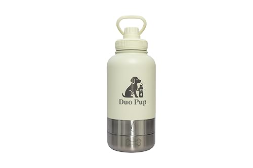DuoPup 32oz Insulated Stainless Steel Pet Water & Food Bottle – Portable Leak-Resistant Dispenser with Two Detachable Bowls & Carrying Strap – Travel, Hiking & Outdoor Pet Hydration – White - color: White