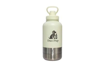 DuoPup 32oz Insulated Stainless Steel Pet Water & Food Bottle – Portable Leak-Resistant Dispenser with Two Detachable Bowls & Carrying Strap – Travel, Hiking & Outdoor Pet Hydration – White - color: White