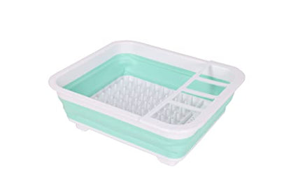 J&V TEXTILES Collapsible Dish Drying Rack - Popup for Easy Storage, Drain Water Directly into The Sink, Room for Eight Large Plates, Sectional Cutlery and Utensil Compartment, Compact (Blue) - color: Blue