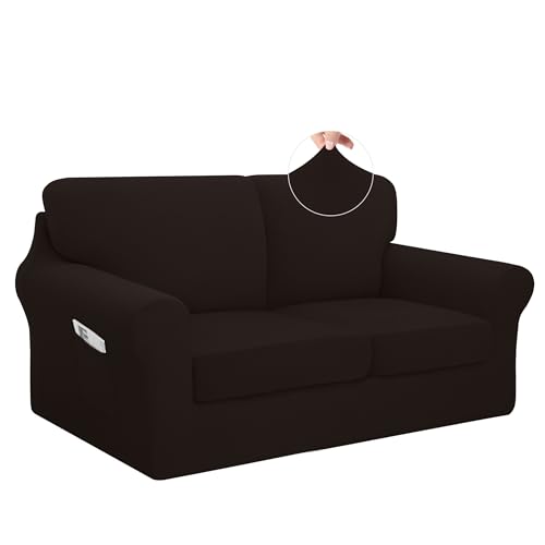 Easy-Going 5 Pieces Stretch Loveseat Cover Washable Loveseat Slipcover Set for 2 Backrest and Seat Cushion Couch Anti-Slip Sofa Couch Cover Furniture Protector with Elastic Bottom (Medium, Chocolate) - color: Chocolate, size: Medium