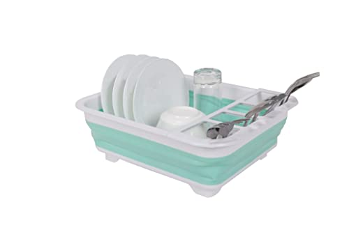J&V TEXTILES Collapsible Dish Drying Rack - Popup for Easy Storage, Drain Water Directly into The Sink, Room for Eight Large Plates, Sectional Cutlery and Utensil Compartment, Compact (Blue) - color: Blue