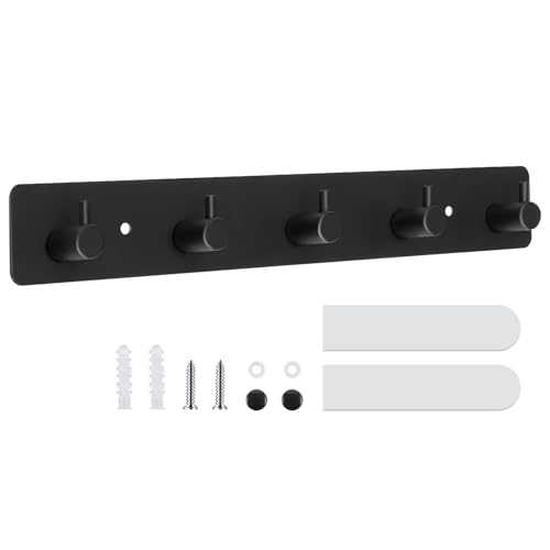 Dntorx Coat Rack Wall Mount, Black Coat Hooks with 5 Hooks Heavy Duty Metal Towel Hook Rail Adhesive & Screw in Door Hooks Hanger Organizer Wall for Towels, Clothes, Hat - style: "T" shape