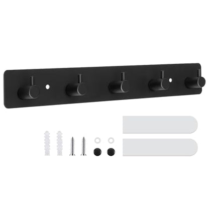 Dntorx Coat Rack Wall Mount, Black Coat Hooks with 5 Hooks Heavy Duty Metal Towel Hook Rail Adhesive & Screw in Door Hooks Hanger Organizer Wall for Towels, Clothes, Hat - style: "T" shape