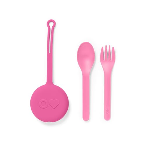 Omie OmieBox Kids Utensils Set with Case - 2 Piece Plastic, Reusable Fork and Spoon Silverware with Pod for Kids (Bubble Pink) - color: Bubble Pink, size: Age: 3+ Years