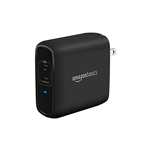 Amazon Basics 68W Two-Port GaN Wall Charger with 2 USB-C Ports (60W, 18W) with PD for Laptops, Tablets & Phones (iPhone 16/15/14/13/12/11/X, iPad, MacPro, Samsung, More), Non-PPS, Black - color: Black, style: 68W (2 USB-C)