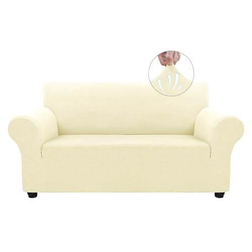 Asnomy Sofa Covers for 2 Cushion Couch Stretch loveseat Covers Slipcovers, Pet Protector Furniture Covers for Dogs Cats Spandex Jacquard Fabric Small Checks （Medium，Off-White） - color: Off-white, size: Medium