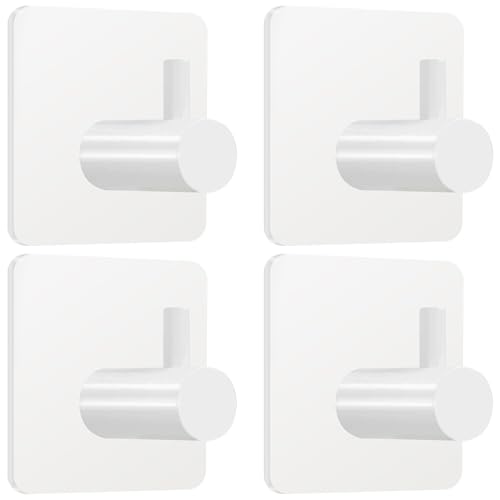 Fotosnow White Adhesive Towel Hooks: 15LB Heavy Duty Wall Hooks Stick on Shower Hooks for Bathroom Kitchen Door-4Packs - color: White