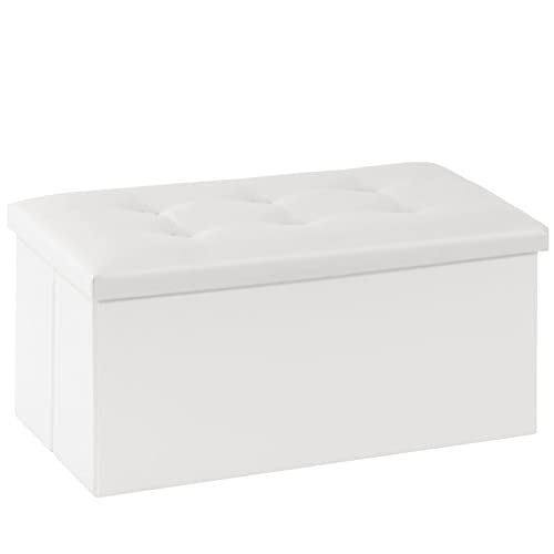 Youdesure White Folding Storage Ottoman Bench, Faux Leather Footrest for Living Room, Ottoman with Storage Padded Seat for Bedroom, Holds up to 350lbs - color: White