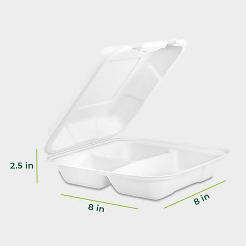 Freshware Compostable Clamshell Food Containers [8x8] 3-Compartment, Disposable - Paper Food Containers - Microwave & Freezer Safe, Stackable (Pack of 200) - size: 8 x 8 Inch [200 Pack]