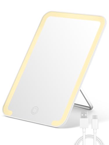 OMIRO Lighted Travel Makeup Mirror, 8 x 5 inches Desk Mirror with Foldable Stand and 3 Lighting Modes for Shaving and Travelling, White - color: White-lighted, size: 8"L x 5"W