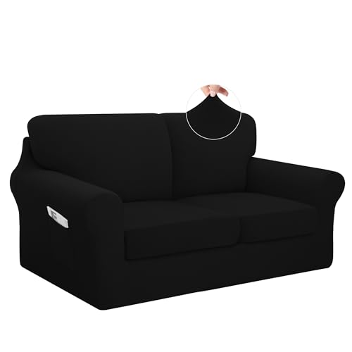 Easy-Going 5 Pieces Stretch Loveseat Cover Washable Loveseat Slipcover Set for 2 Backrest and Seat Cushion Couch Anti-Slip Sofa Couch Cover Furniture Protector with Elastic Bottom (Medium, Black) - color: Black, size: Medium