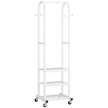 Dttwacoyh Metal Clothing Rack with Wheels and Hanging Hooks,Narrow Coat and Shoe Rack,Small Hall Tree,for Small Space, Bedroom, entryway, Walk-in Closet, Laundry Room- White - color: White