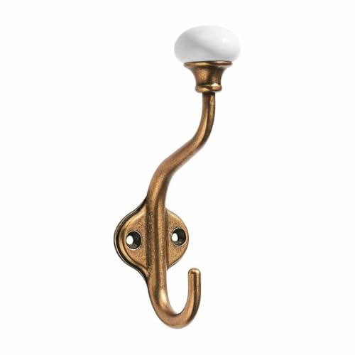 CHIVS Coat Hooks- 5 Pack Antique Brass Wall Hooks, Ceramic Coat Hooks, Decorative Wall Mounted Towel Hanger, zinc Double Prong Hook for Hanging Clothes, Keys, Hats, Backpacks - color: Antique Brass