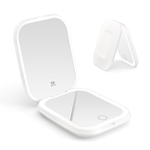 WOBSION Rechargeable 5X Magnifying Compact Travel Mirror with Light, Dimmable Portable Makeup Mirror for Purse & Pocket, Ideal for Gift, White - color: White