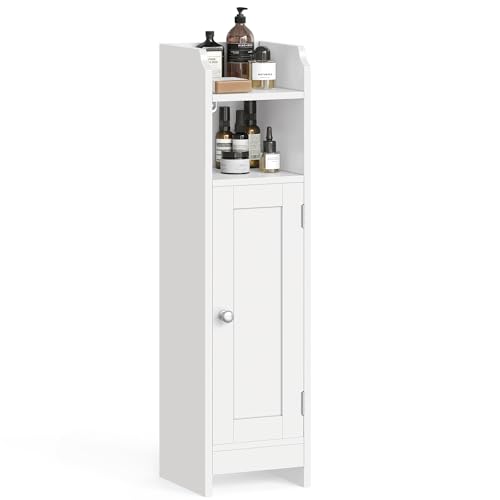 VASAGLE Small Storage Corner Floor Cabinet with Door, 7.9 x 7.1 x 31.5 Inches, Narrow Toilet Paper Storage Holder, Adjustable Shelves, for Bathroom, Living Room, Small Spaces, Cloud White UBBC310W01 - color: Cloud White, style: 1door+1open compartment (31