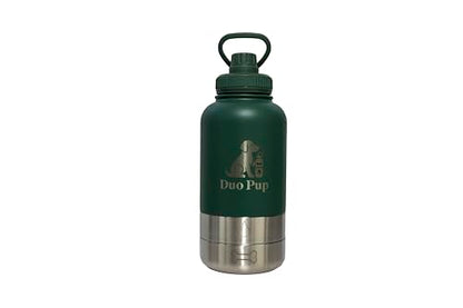 DuoPup 32oz Insulated Stainless Steel Pet Water & Food Bottle – Portable Leak-Resistant Dispenser with Two Detachable Bowls & Carrying Strap – Travel, Hiking & Outdoor Pet Hydration – Dark Green - color: Dark Green