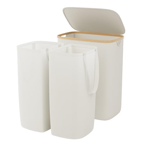 GARPROVM Double Laundry Hamper with Lid 150L Large Laundry Basket with Bamboo Handles Foldable Clothes Hampers with 2 Removable Liner Bags for Laundry for Bedroom Bathroom Dorm Laundry Room (Beige) - color: Beige