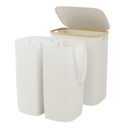 GARPROVM Double Laundry Hamper with Lid 150L Large Laundry Basket with Bamboo Handles Foldable Clothes Hampers with 2 Removable Liner Bags for Laundry for Bedroom Bathroom Dorm Laundry Room (Beige) - color: Beige