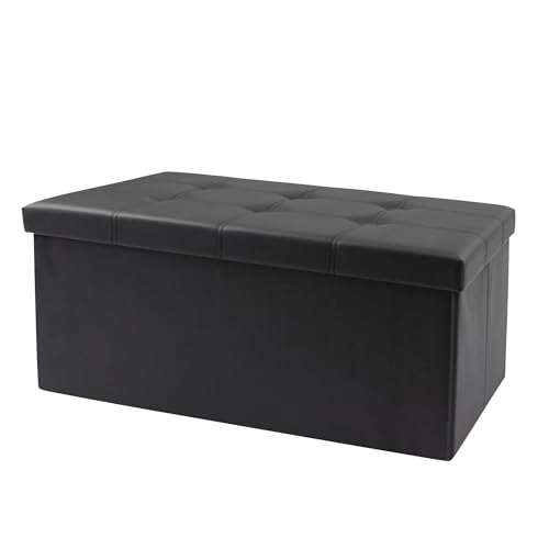 30 Inches Folding Storage Ottoman Bench, Faux Leather Footstool Ottoman, Storage Trunk Footrest for Bedroom, Living Room and Hallway, Support 350lbs, Black（Black line） - color: Black(black Line)