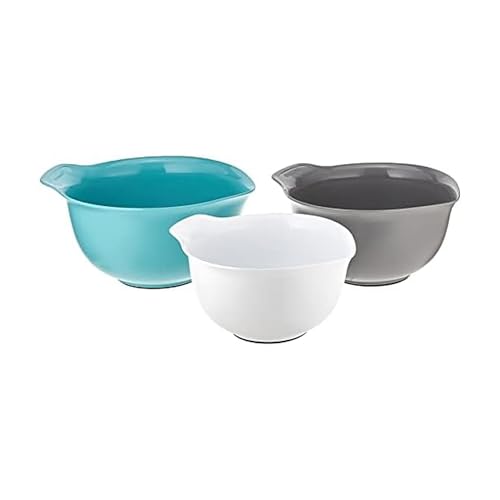 KitchenAid Universal Nesting Plastic Mixing Bowls, Set Of 3, 2.5 quart, 3.5 quart, 4.5 quart, Non Slip Base with Easy Pour Spout to Reduce Mess, Dishwasher Safe, Aqua Sky, White, Gray - color: Aqua Sky White Gray, size: Set of 3