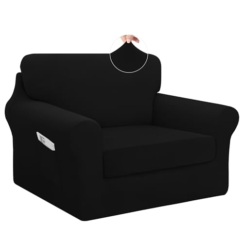 Easy-Going 3 Pieces Stretch Chair Cover Washable Chair Slipcover Set for 1 Backrest and Seat Cushion Couch Anti-Slip Sofa Couch Cover Furniture Protector with Elastic Bottom (Small, Black) - color: Black, size: Small