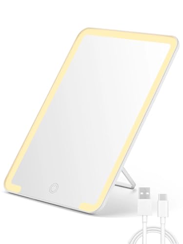 OMIRO Travel Makeup Mirror with Light, 10 x 7 inch Lighted Desk Mirror with Adjustable Stand and 3 Lighting Modes for Shaving and Travelling, White - color: White-lighted, size: 10"L x 7"W