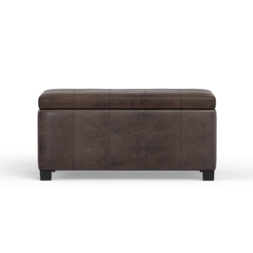 SIMPLIHOME Dover Storage Ottoman Bench - 36 inch Wide Upholstered Vegan Leather Rectangular Lift-Top Ottoman in Distressed Brown, Contemporary Bench for Living Room with Safety Hinges - color: Distressed Brown