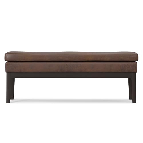 SIMPLIHOME Carlson Ottoman Bench - 45 inch Wide Upholstered Vegan Leather Rectangle Ottoman in Distressed Chestnut Brown, Mid Century Modern Bench for Bedroom or Living Room with Padded Seat - color: Distressed Chestnut Brown, style: Ottoman Bench