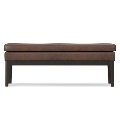 SIMPLIHOME Carlson Ottoman Bench - 45 inch Wide Upholstered Vegan Leather Rectangle Ottoman in Distressed Chestnut Brown, Mid Century Modern Bench for Bedroom or Living Room with Padded Seat - color: Distressed Chestnut Brown, style: Ottoman Bench