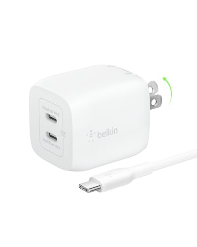 Belkin Dual Port Charger Block 45W - C to C Cable Inlcuded - GaN PD3.0 Super Fast Charging - Samsung Galaxy S25, MacBook, iPhone 17, iPad, AirPods, Google Pixel 10, Nintendo Switch 2 & More - White - style: 45W White + USB-C Cable
