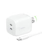 Belkin Dual Port Charger Block 45W - C to C Cable Inlcuded - GaN PD3.0 Super Fast Charging - Samsung Galaxy S25, MacBook, iPhone 17, iPad, AirPods, Google Pixel 10, Nintendo Switch 2 & More - White - style: 45W White + USB-C Cable