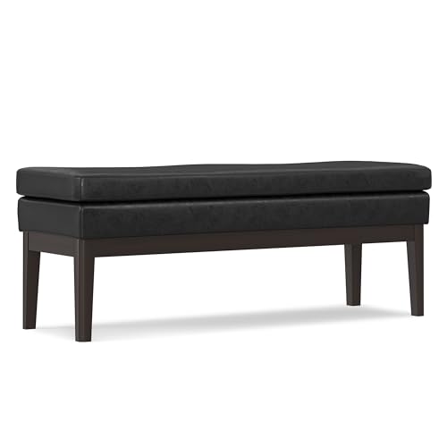 SIMPLIHOME Carlson Ottoman Bench - 45 inch Wide Upholstered Vegan Leather Rectangle Ottoman in Distressed Black, Mid Century Modern Bench for Bedroom, Entryway or Living Room with Padded Seat - color: Distressed Black, style: Ottoman Bench