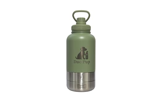 DuoPup 32oz Insulated Stainless Steel Pet Water & Food Bottle – Portable Leak-Resistant Dispenser with Two Detachable Bowls & Carrying Strap – Travel, Hiking & Outdoor Pet Hydration – LightGreen - color: Light Green