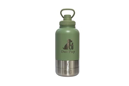 DuoPup 32oz Insulated Stainless Steel Pet Water & Food Bottle – Portable Leak-Resistant Dispenser with Two Detachable Bowls & Carrying Strap – Travel, Hiking & Outdoor Pet Hydration – LightGreen - color: Light Green
